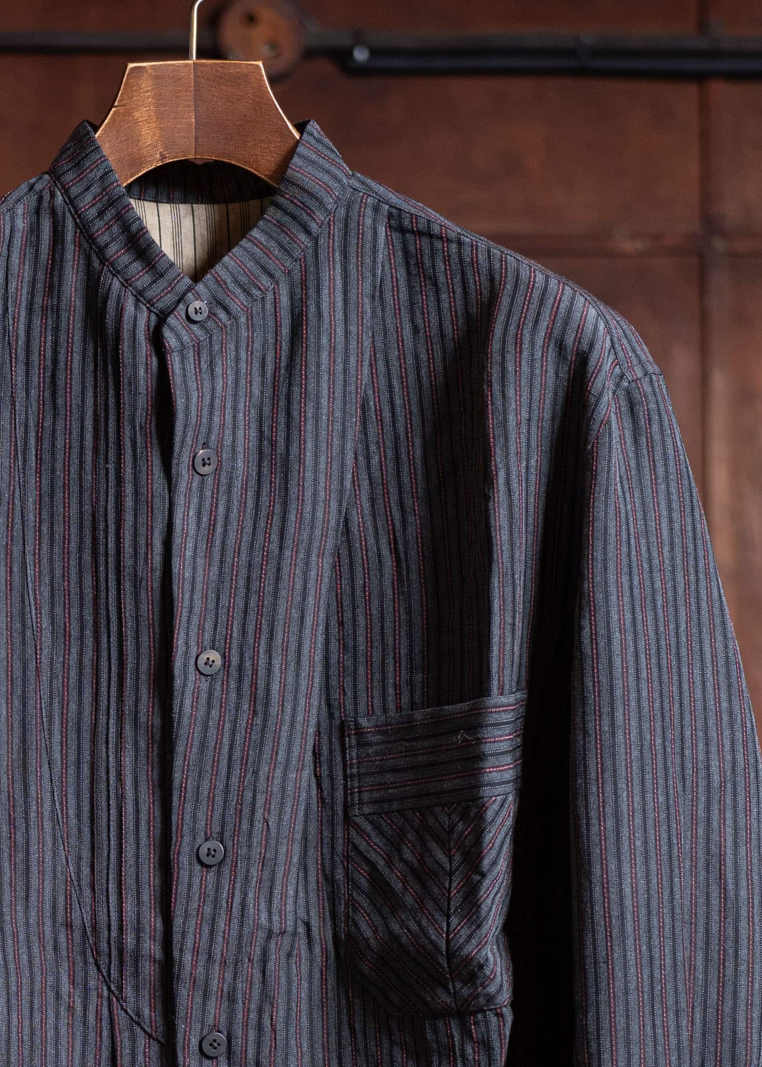 ZIGGY CHEN Pleated Mandarin Collar Shirt Dark Gray 0M2500703