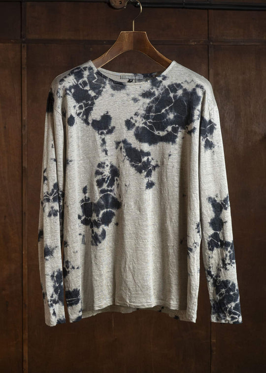 SUZUSAN 2057L-010 Linen Jersey Long Sleeve Crew Neck Pullover Madara Shibori Black / Grége