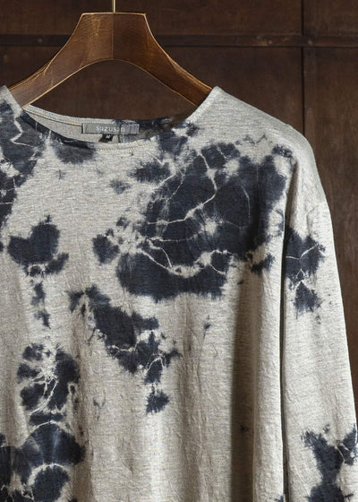 SUZUSAN 2057L-010 Linen Jersey Long Sleeve Crew Neck Pullover Madara Shibori Black / Grége
