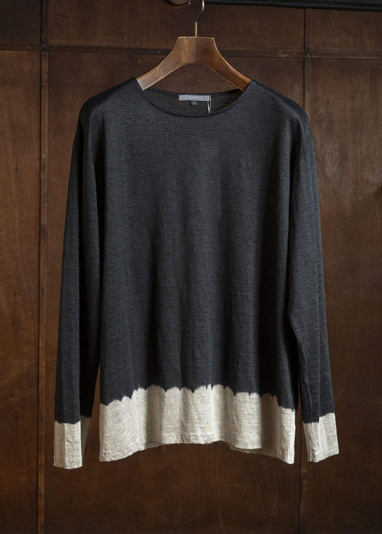 SUZUSAN 2057L-330 Linen Jersey Long Sleeve Crew Neck Pullover Boushi Somewake Shibori Black / Grége