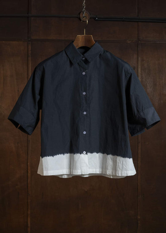 SUZUSAN 4077C-330 Cotton Pin Stripe Half Sleeve Blouse Black - White