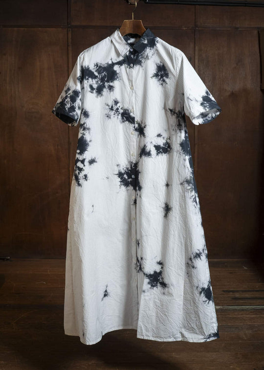 SUZUSAN 7060C-010 Cotton Pin Stripe Half Sleeve Dress Black - White