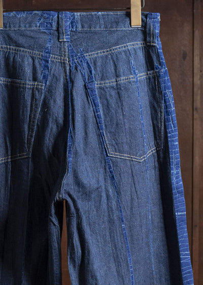 SUZUSAN 5047C-020 Cotton Denim Loose Fit Pants / Tesuji Shibori 2398 Navy Blue-Indigo