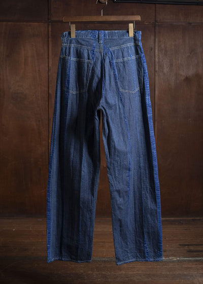 SUZUSAN 5047C-020 Cotton Denim Loose Fit Pants / Tesuji Shibori 2398 Navy Blue-Indigo