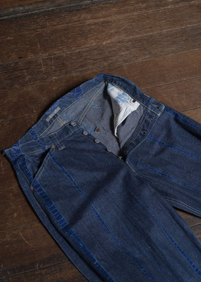 SUZUSAN 5047C-020 Cotton Denim Loose Fit Pants / Tesuji Shibori 2398 Navy Blue-Indigo