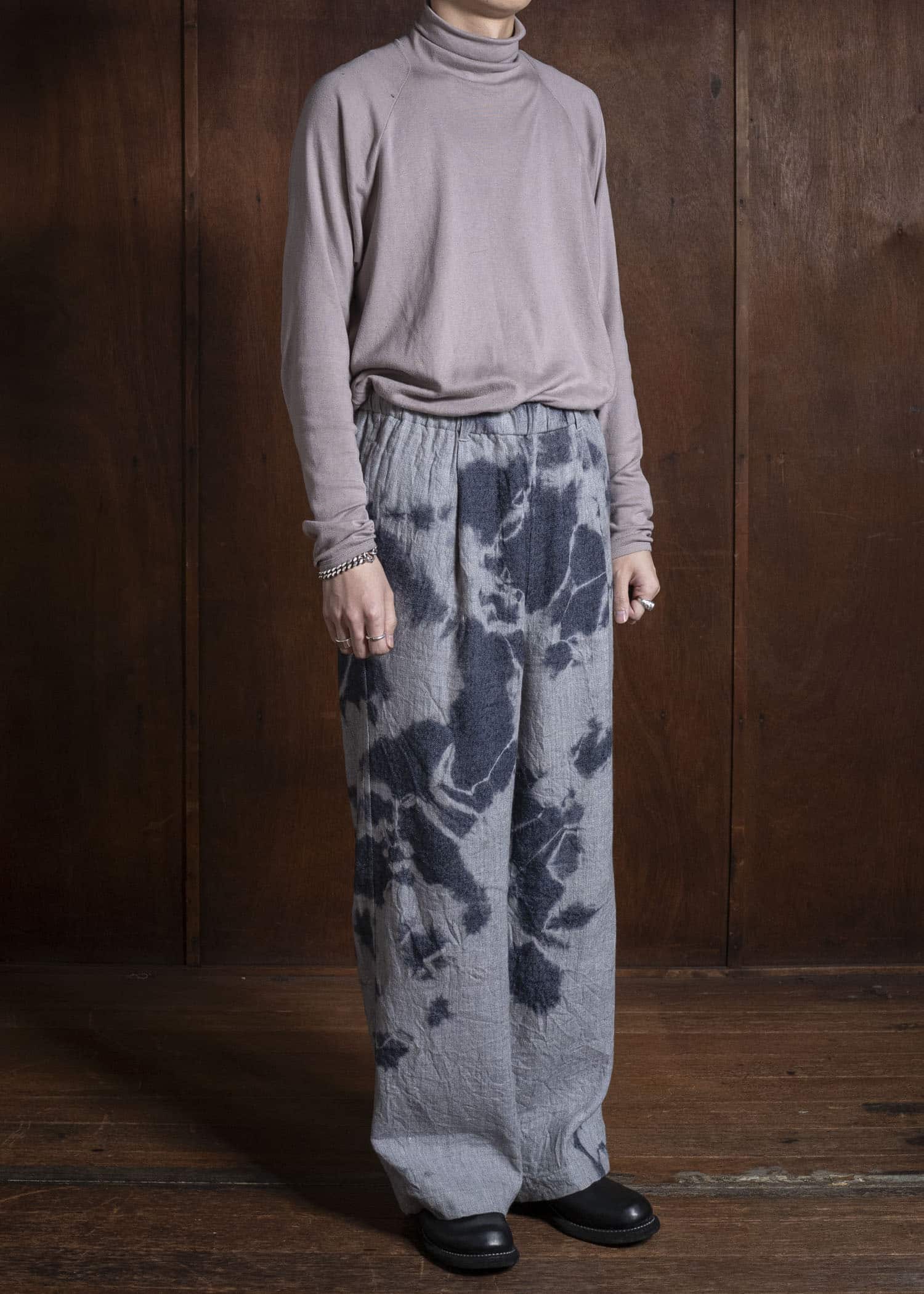 SUZUSAN 5046LW-010 Linen Wool Twill Drawstring Wide Pants 10 14 Black - Light Grey