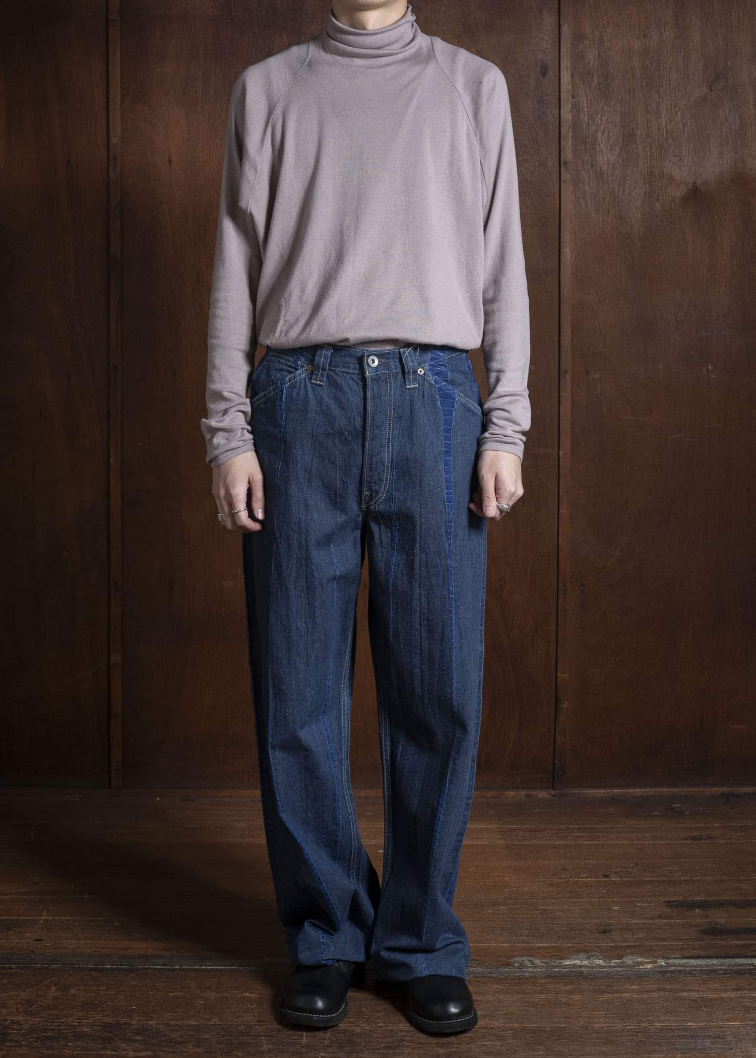 SUZUSAN 5047C-020 Cotton Denim Loose Fit Pants / Tesuji Shibori 2398 Navy Blue-Indigo