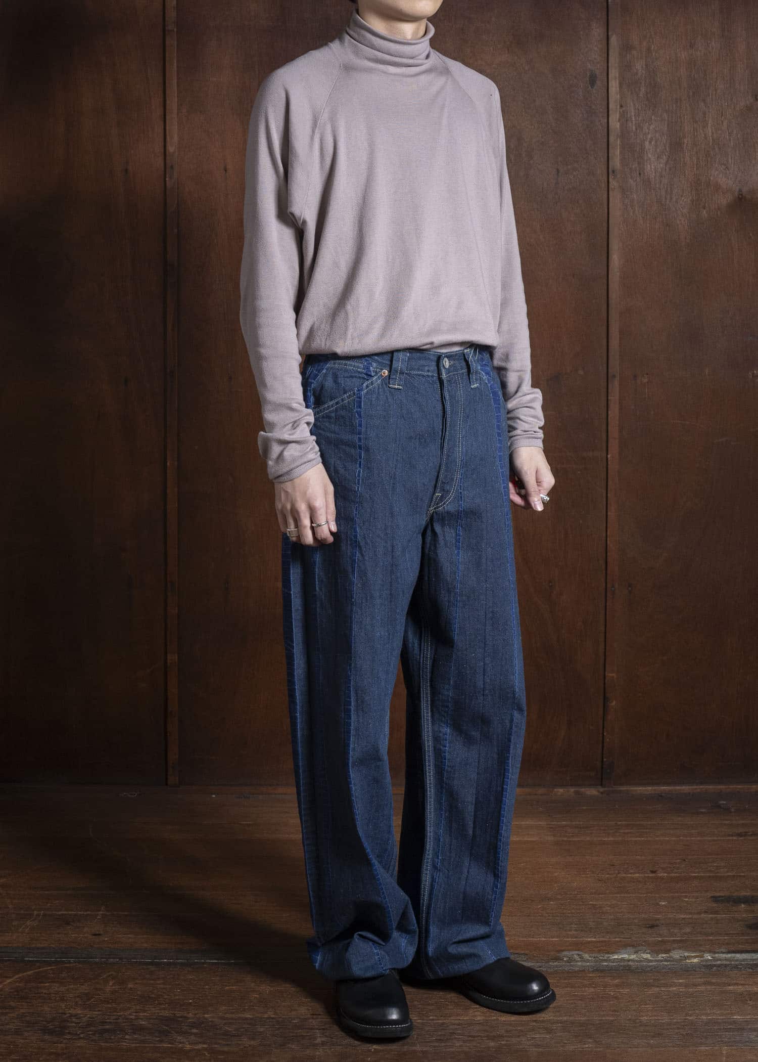SUZUSAN 5047C-020 Cotton Denim Loose Fit Pants / Tesuji Shibori 2398 Navy Blue-Indigo