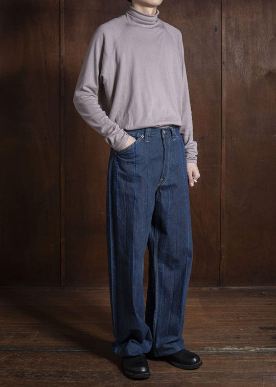 SUZUSAN 5047C-020 Cotton Denim Loose Fit Pants / Tesuji Shibori 2398 Navy Blue-Indigo