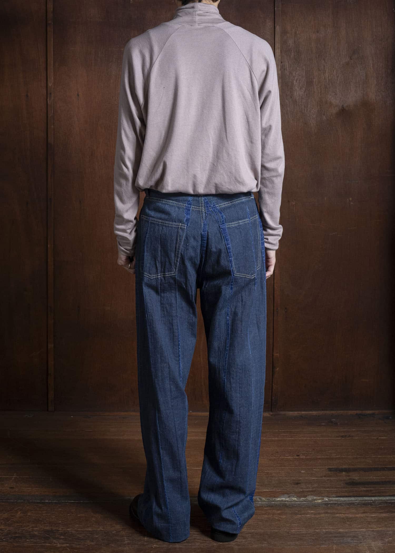 SUZUSAN 5047C-020 Cotton Denim Loose Fit Pants / Tesuji Shibori 2398 Navy Blue-Indigo