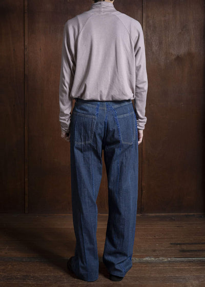 SUZUSAN 5047C-020 Cotton Denim Loose Fit Pants / Tesuji Shibori 2398 Navy Blue-Indigo