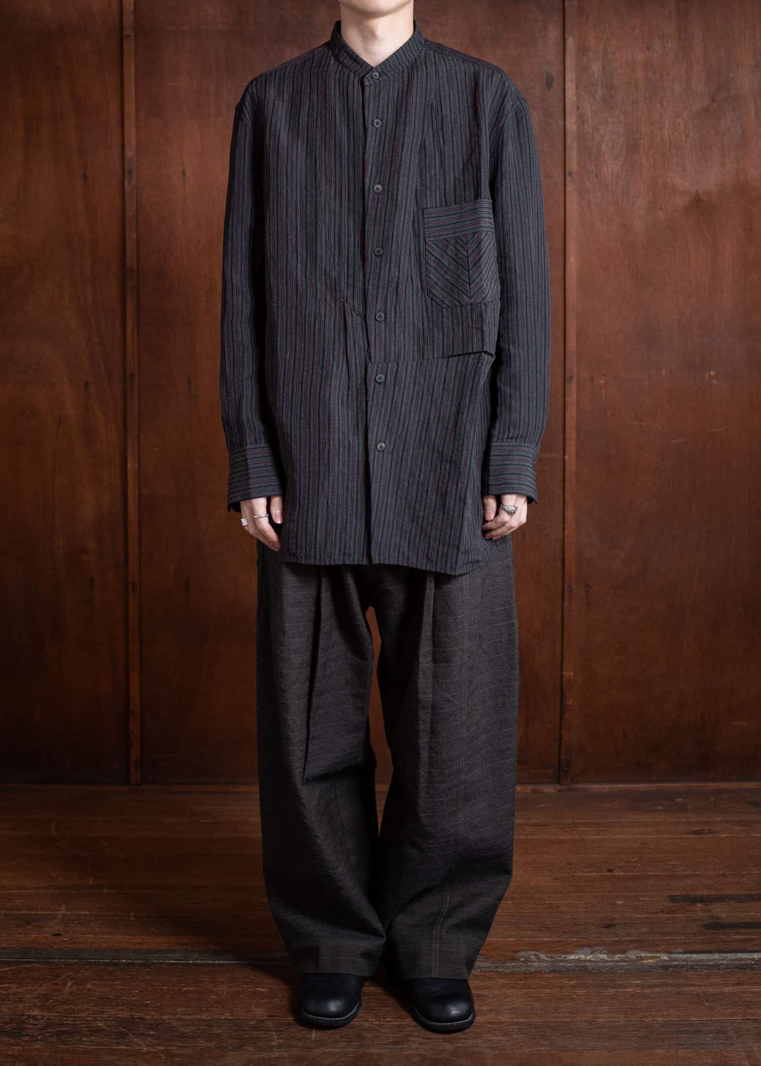 ZIGGY CHEN Pleated Mandarin Collar Shirt Dark Gray 0M2500703