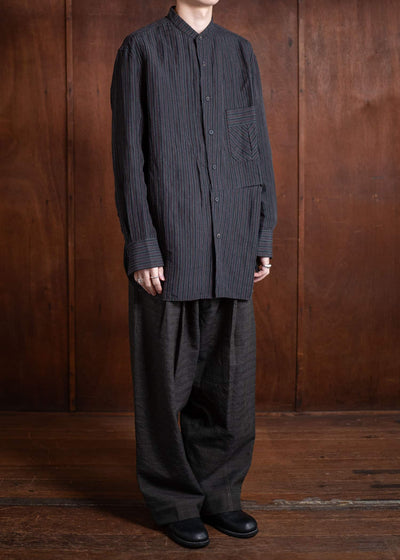 ZIGGY CHEN Pleated Mandarin Collar Shirt Dark Gray 0M2500703