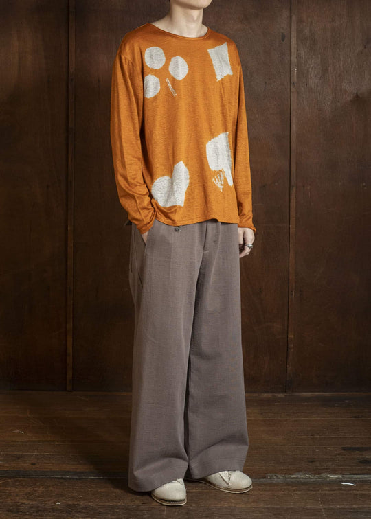 SUZUSAN 2057L-908 Linen Jersey Long Sleeve Crew Neck Pullover Boushi Somewake Shibori Burnt Orange / Grége