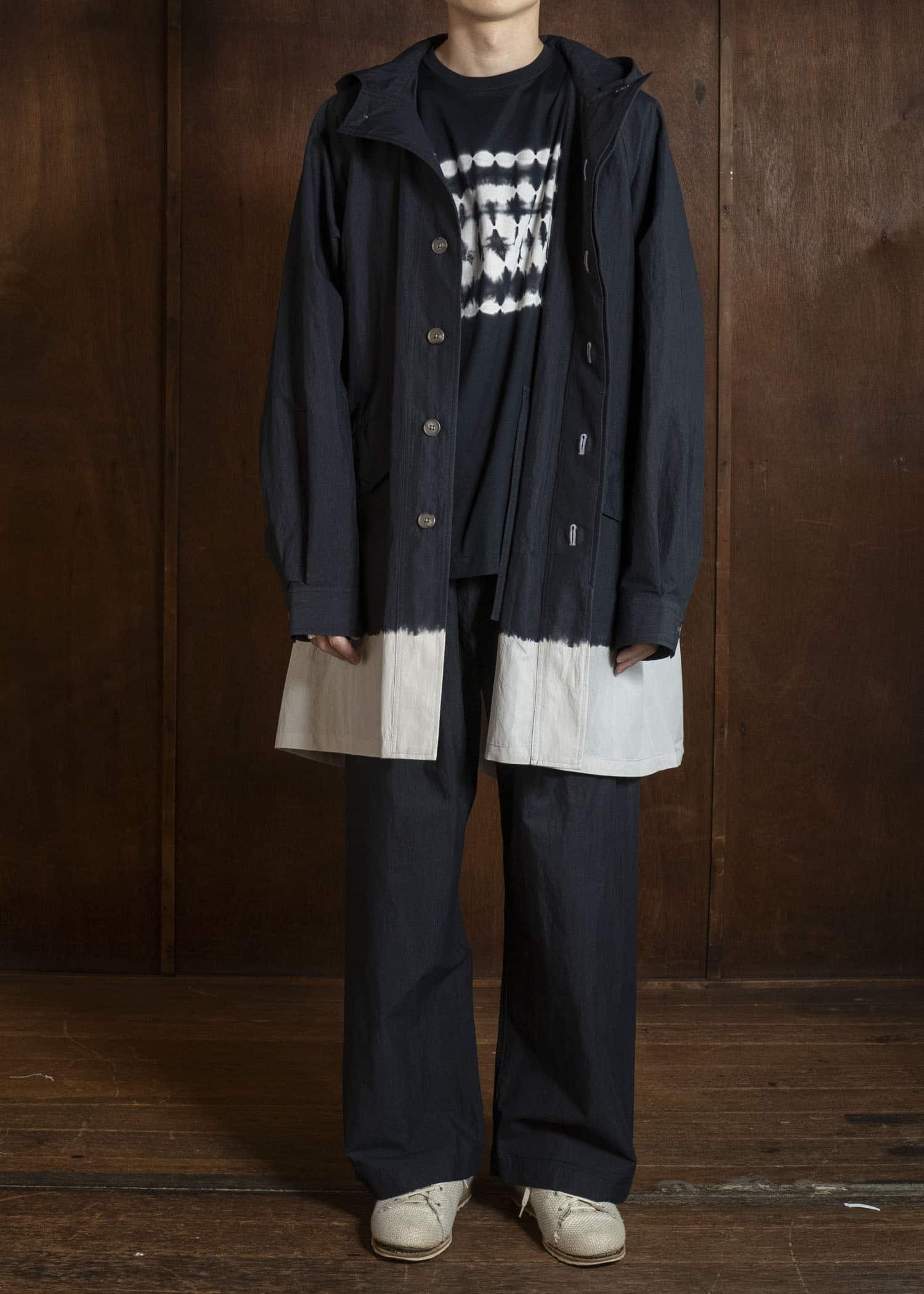 SUZUSAN 8042CN-330 Cotton Nylon Hooded Long Coat Black - Light Grey