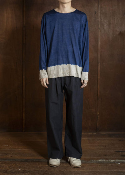 SUZUSAN 2057L-330 Linen Jersey Long Sleeve Crew Neck Pullover Boushi Somewake Shibori Dark Navy / Grége