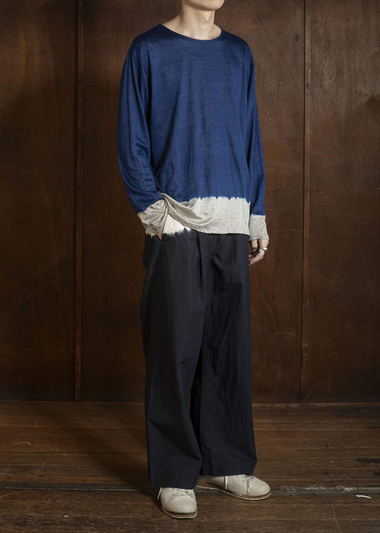 SUZUSAN 2057L-330 Linen Jersey Long Sleeve Crew Neck Pullover Boushi Somewake Shibori Dark Navy / Grége