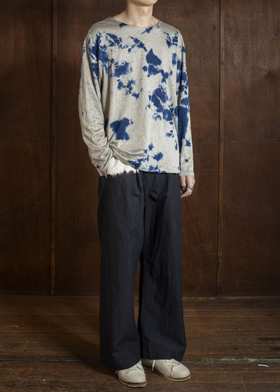 SUZUSAN 2057L-010 Linen Jersey Long Sleeve Crew Neck Pullover Madara Shibori Dark Navy / Grége