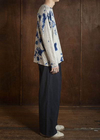 SUZUSAN 2057L-010 Linen Jersey Long Sleeve Crew Neck Pullover Madara Shibori Dark Navy / Grége