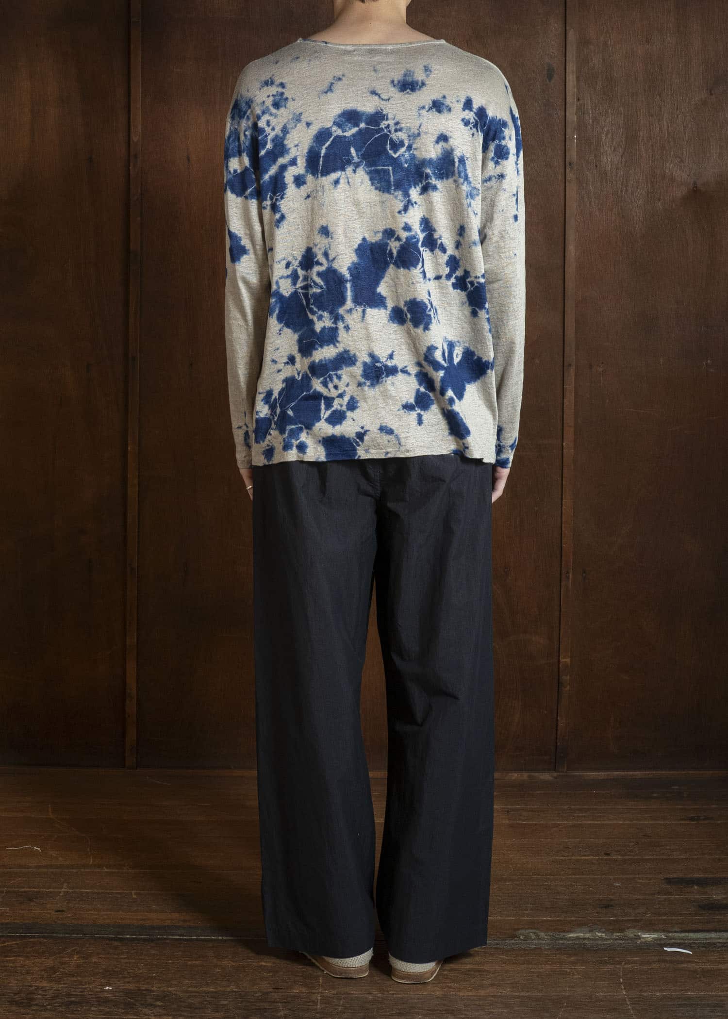 SUZUSAN 2057L-010 Linen Jersey Long Sleeve Crew Neck Pullover Madara Shibori Dark Navy / Grége