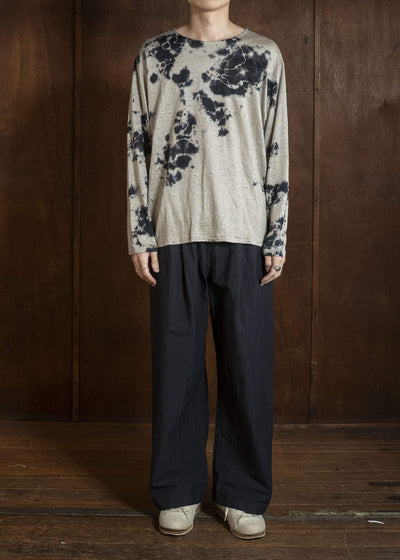 SUZUSAN 2057L-010 Linen Jersey Long Sleeve Crew Neck Pullover Madara Shibori Black / Grége