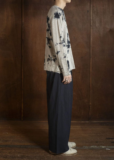 SUZUSAN 2057L-010 Linen Jersey Long Sleeve Crew Neck Pullover Madara Shibori Black / Grége