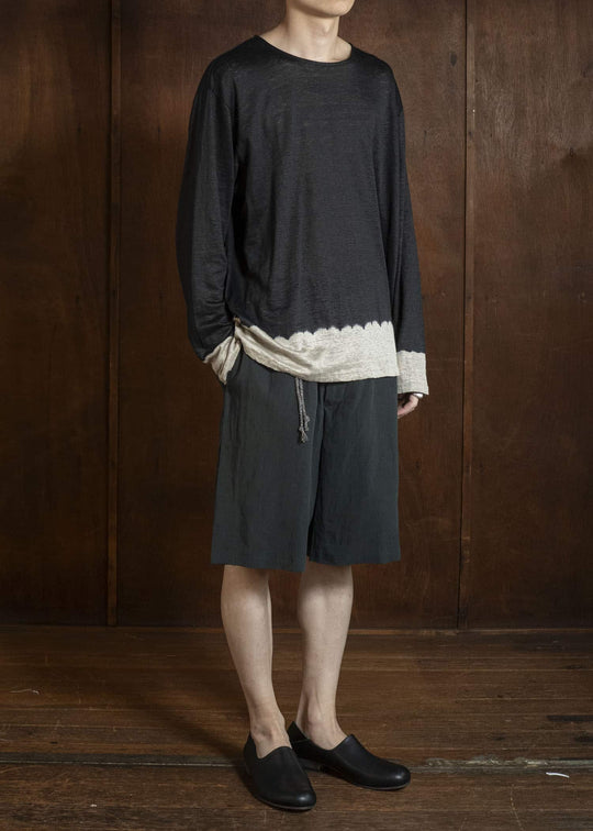 SUZUSAN 2057L-330 Linen Jersey Long Sleeve Crew Neck Pullover Boushi Somewake Shibori Black / Grége