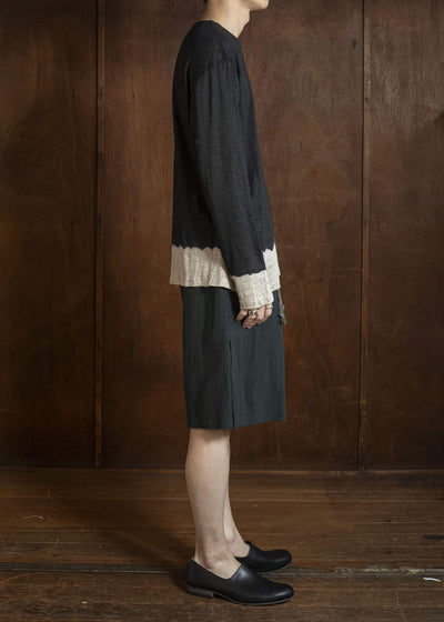 SUZUSAN 2057L-330 Linen Jersey Long Sleeve Crew Neck Pullover Boushi Somewake Shibori Black / Grége