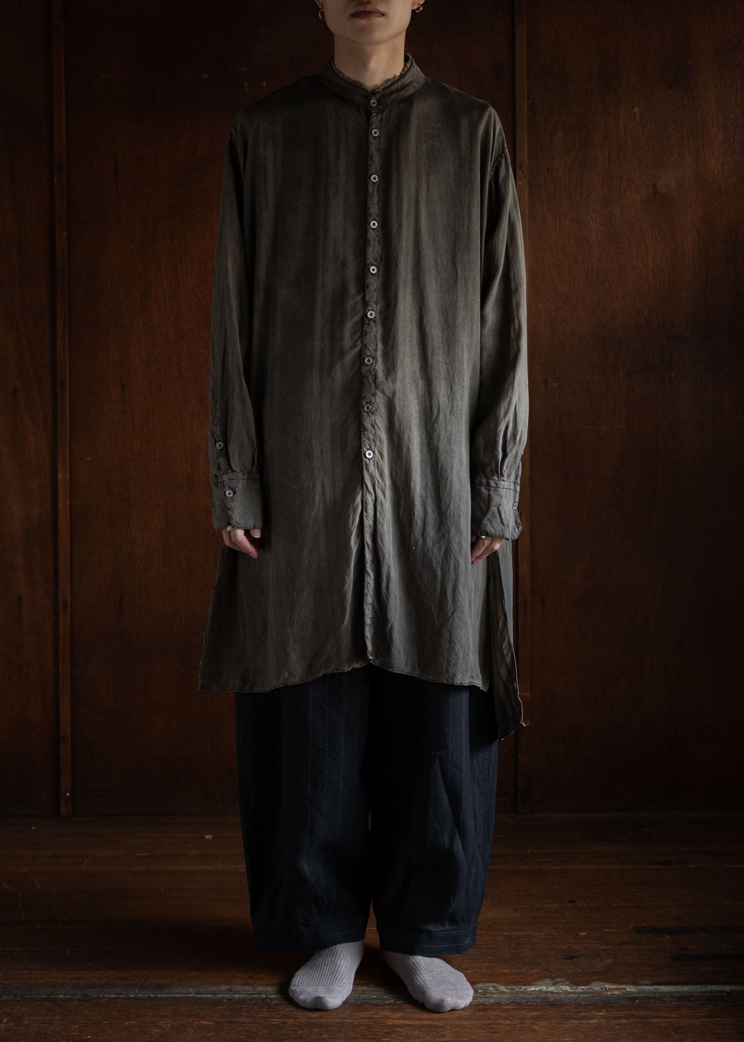 KLASICA SH-042 (VL ver.) Pigment dye Extra Long and wide Shirts/Coat  / Brown dye Stripe