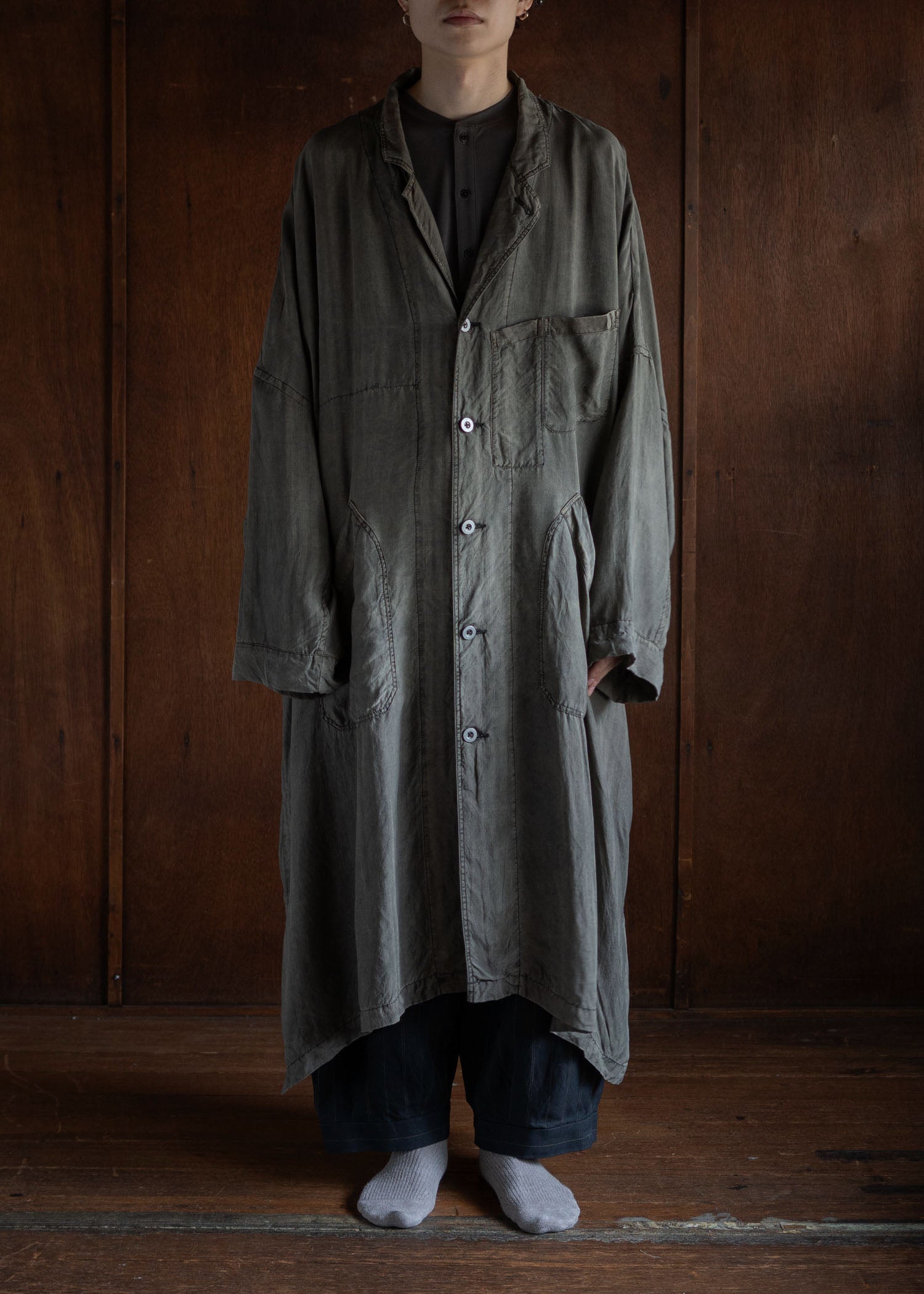 KLASICA Wide Cut Vintage Work Coat / Brown Dye Stripe