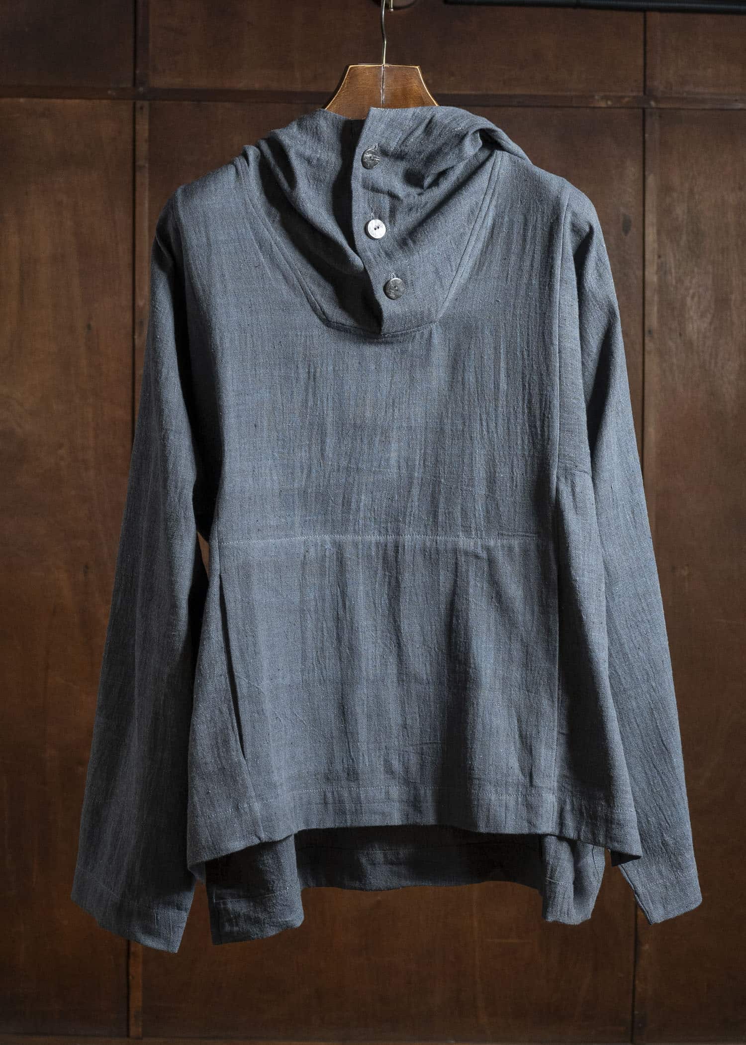 Gathering Textiles Fisherman Hoodie Handwoven , Kala Cotton Yarn Dyed Black Blue FIH01-KC-BB
