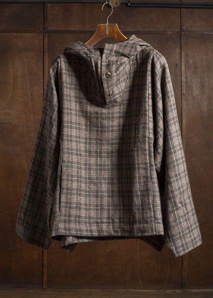 Gathering Textiles Fisherman Hoodie Handwoven , Hand Felted Sheep Wool ,Naturally Yarn Dyed Brown Red Checks FIH01-FW-GC