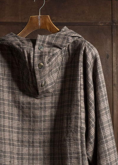 Gathering Textiles Fisherman Hoodie Handwoven , Hand Felted Sheep Wool ,Naturally Yarn Dyed Brown Red Checks FIH01-FW-GC