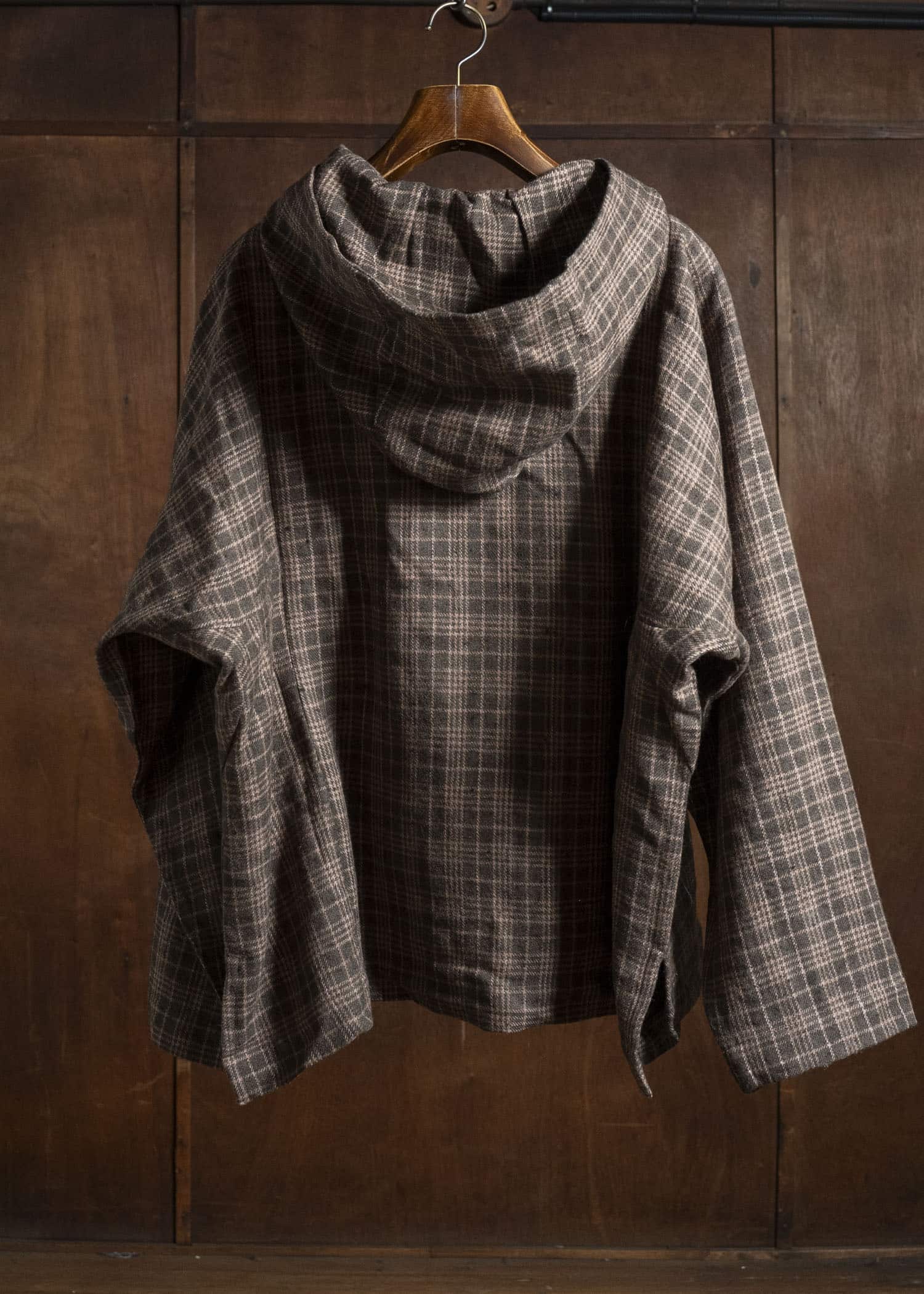 Gathering Textiles Fisherman Hoodie Handwoven , Hand Felted Sheep Wool ,Naturally Yarn Dyed Brown Red Checks FIH01-FW-GC