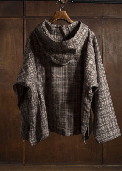 Gathering Textiles Fisherman Hoodie Handwoven , Hand Felted Sheep Wool ,Naturally Yarn Dyed Brown Red Checks FIH01-FW-GC