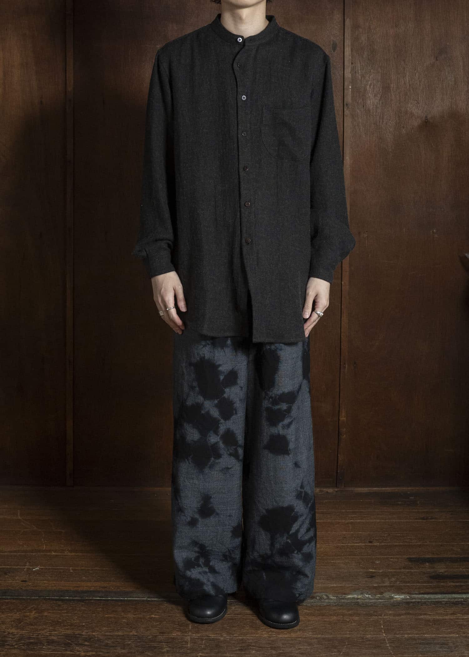 Gorsch #14 2ND-SH05 Brushed Linen Wool Stand Collar Shirt Chacoal
