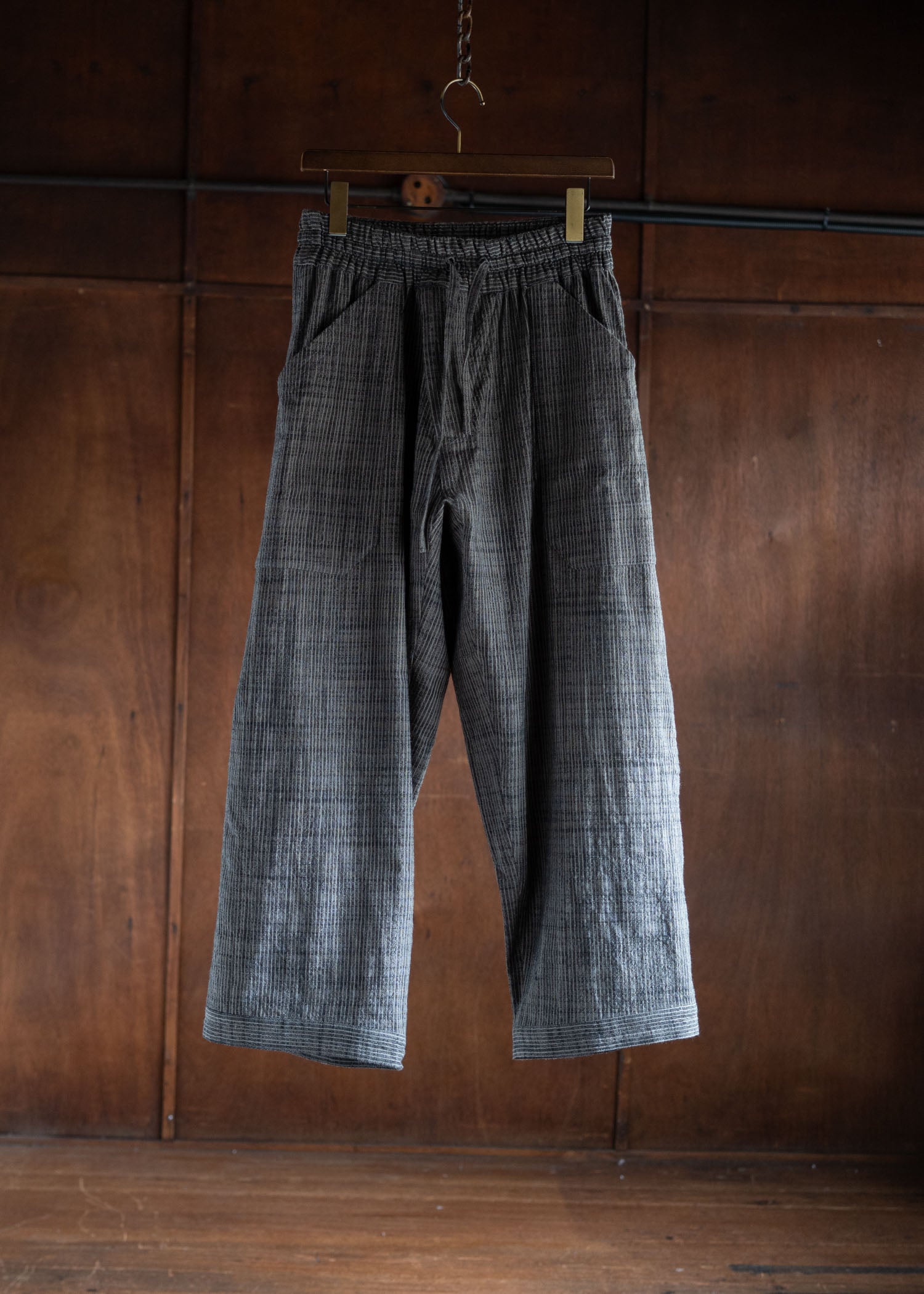 JAN-JAN VAN ESSCHE TROUSERS#80 LOOSE FIT LOW CROTCH TROUSERS WITH ELASTIC WAISTBAND COTTON CLOTH VINTAGE STRIPED