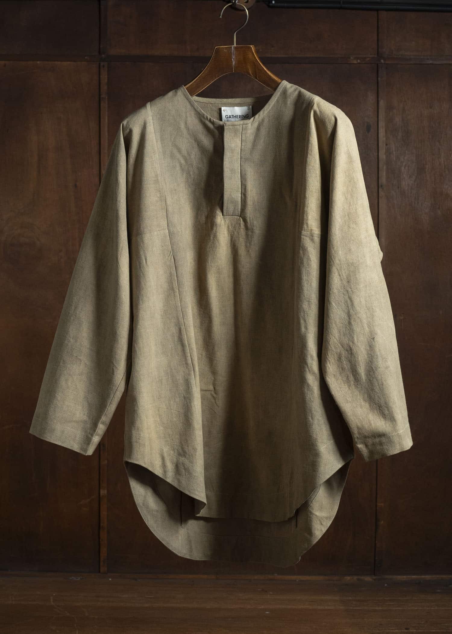 Gathering Textiles Fisherman Shirt(Curved) Linen Cotton Blend , Naturally Dyed Light Green FIS02-LC-KG