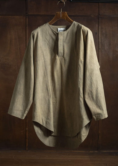 Gathering Textiles Fisherman Shirt(Curved) Linen Cotton Blend, Naturally Dyed Light Green FIS02-LC-KG
