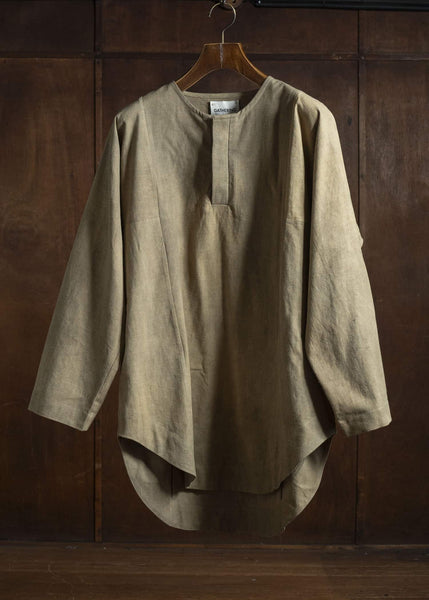 Gathering Textiles Fisherman Shirt(Curved) Linen Cotton Blend , Naturally Dyed Light Green FIS02-LC-KG