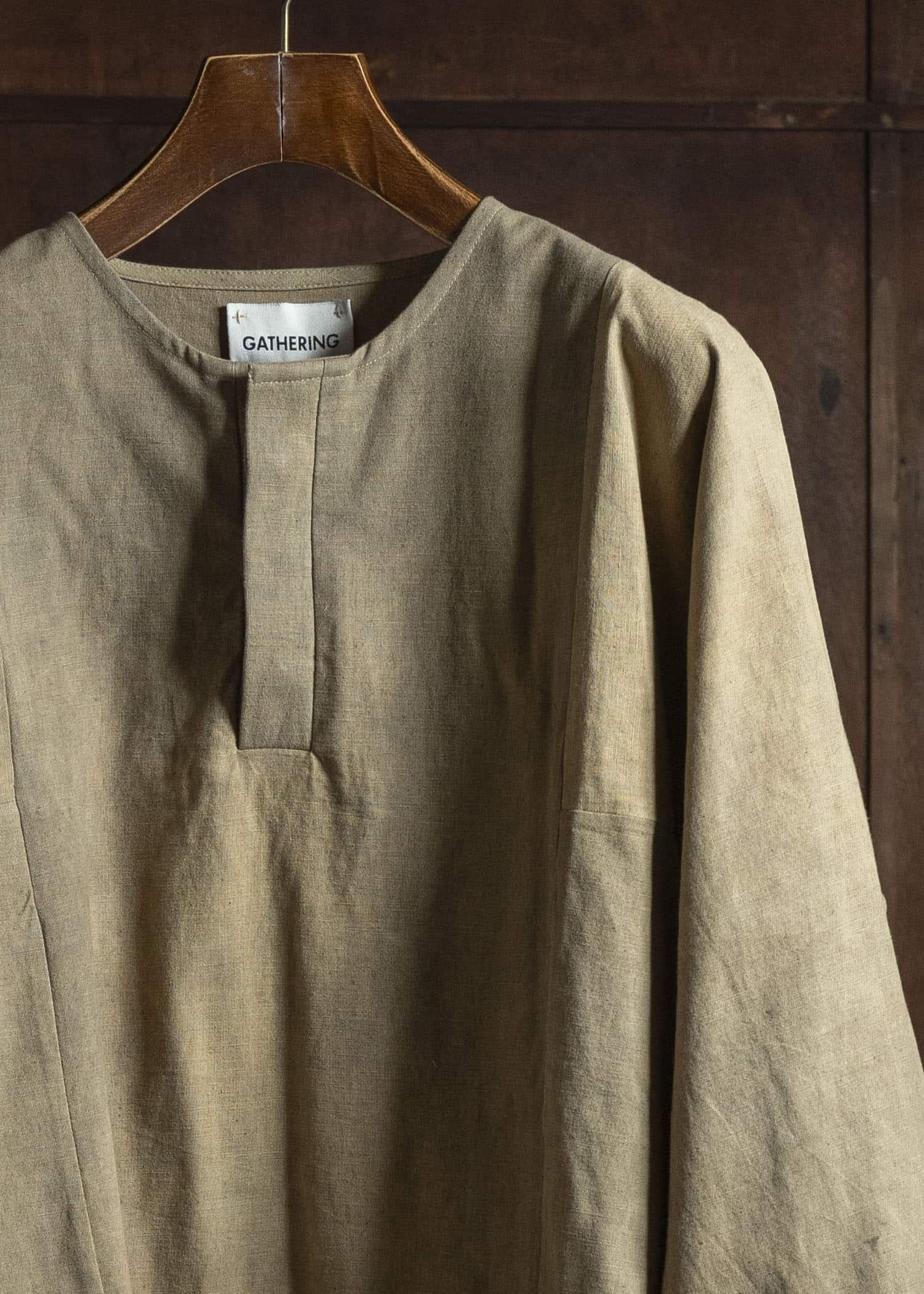 Gathering Textiles Fisherman Shirt(Curved) Linen Cotton Blend , Naturally Dyed Light Green FIS02-LC-KG