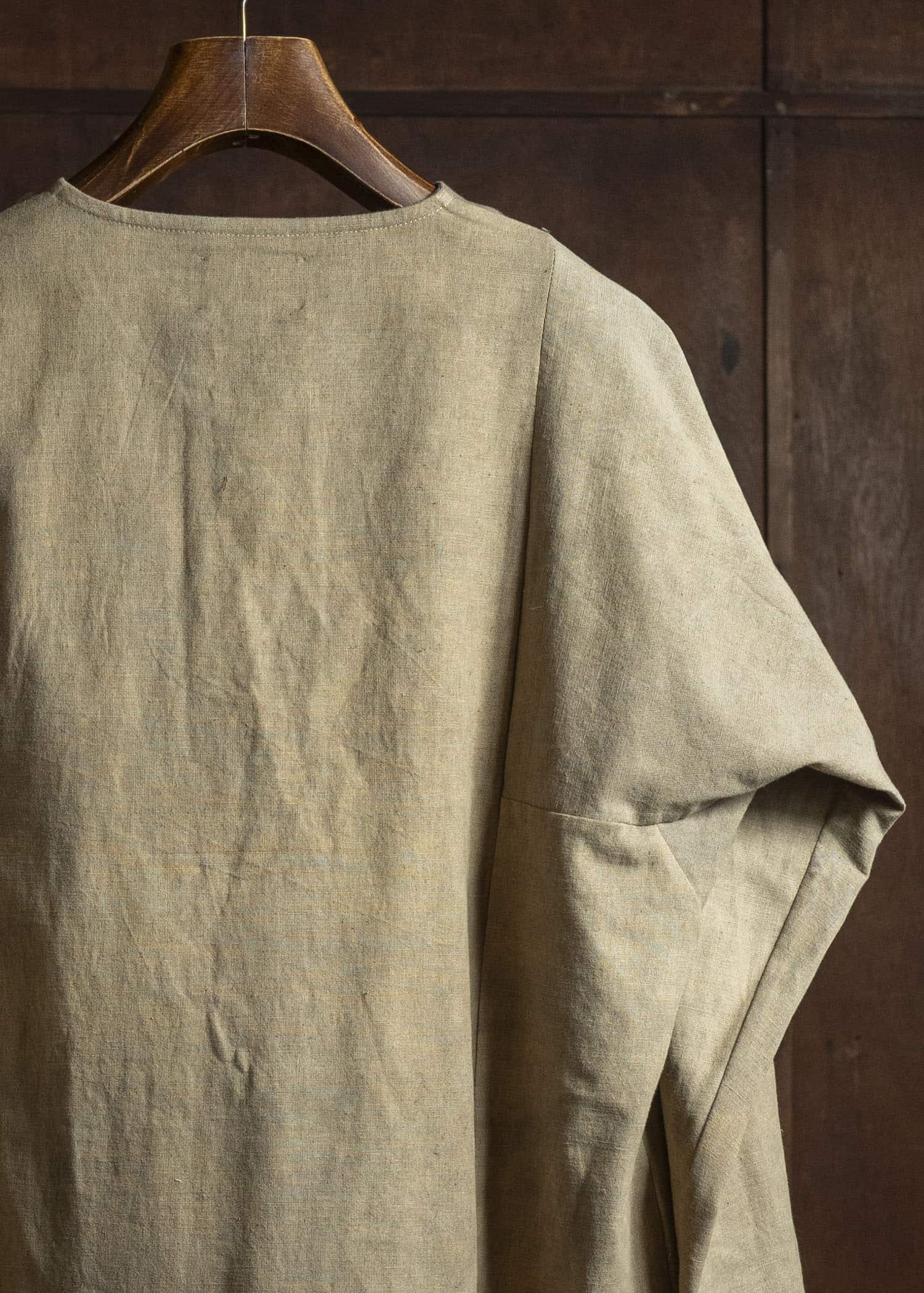 Gathering Textiles Fisherman Shirt(Curved) Linen Cotton Blend , Naturally Dyed Light Green FIS02-LC-KG