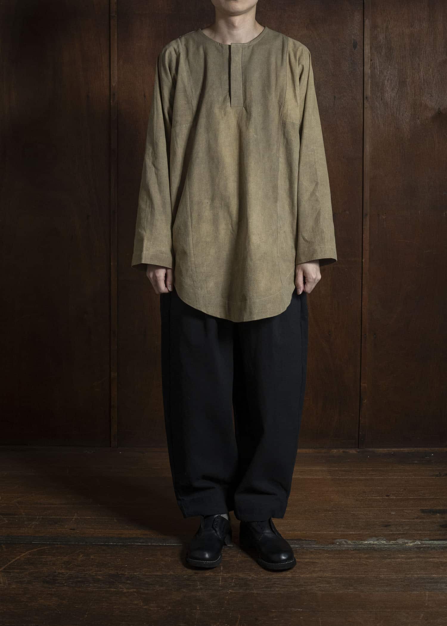 Gathering Textiles Fisherman Shirt(Curved) Linen Cotton Blend , Naturally Dyed Light Green FIS02-LC-KG