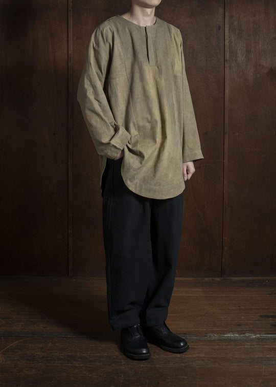 Gathering Textiles Fisherman Shirt(Curved) Linen Cotton Blend , Naturally Dyed Light Green FIS02-LC-KG