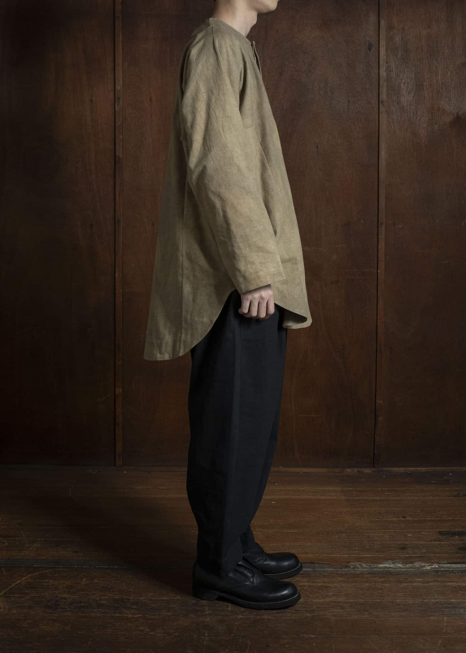 Gathering Textiles Fisherman Shirt(Curved) Linen Cotton Blend , Naturally Dyed Light Green FIS02-LC-KG