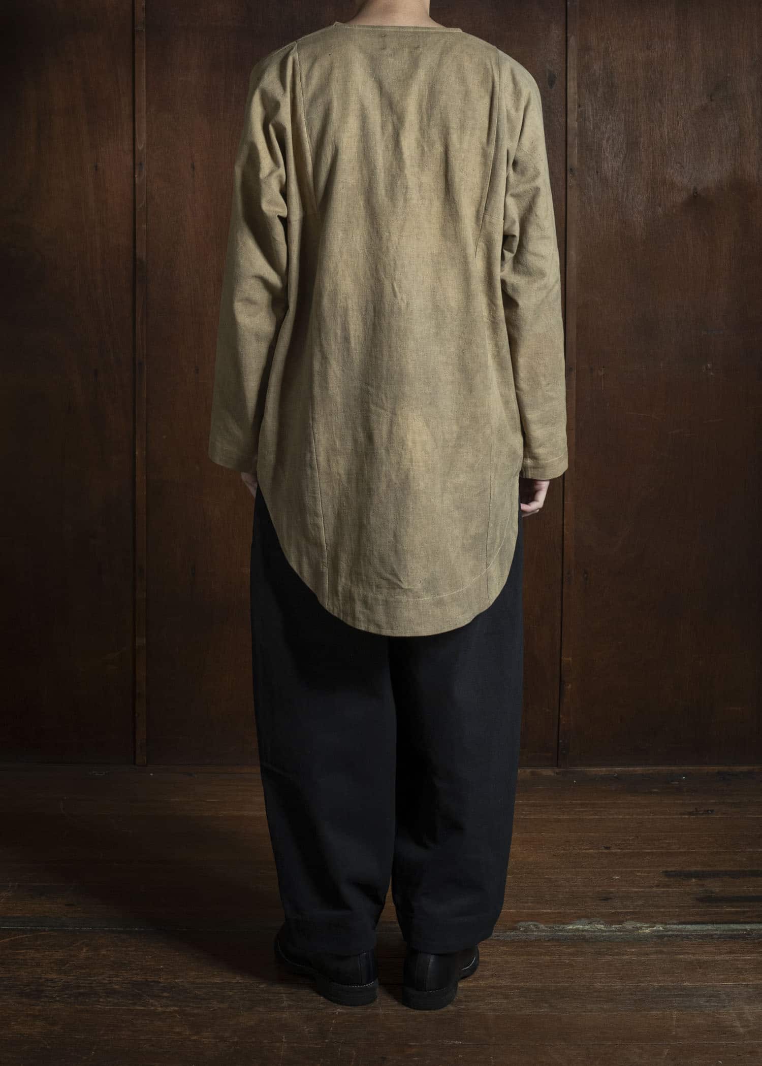 Gathering Textiles Fisherman Shirt(Curved) Linen Cotton Blend , Naturally Dyed Light Green FIS02-LC-KG