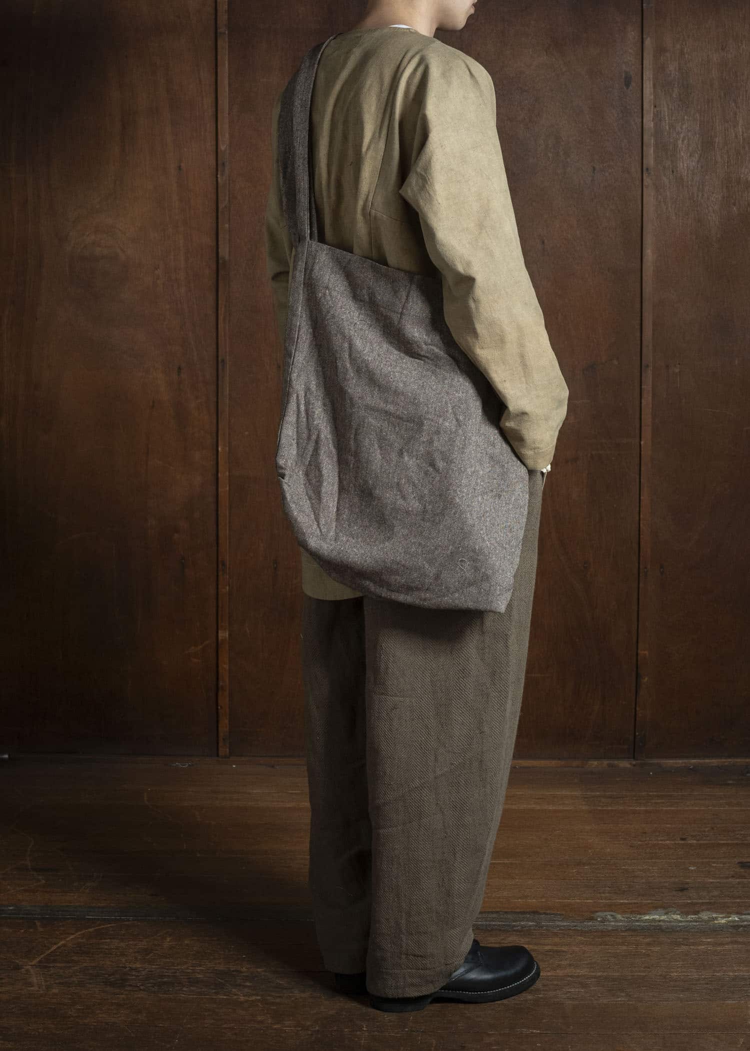 Gathering Textiles Double Bag Antique Herringbone Power Loom Japanese Light Weight Wool DTB01-WL-BR