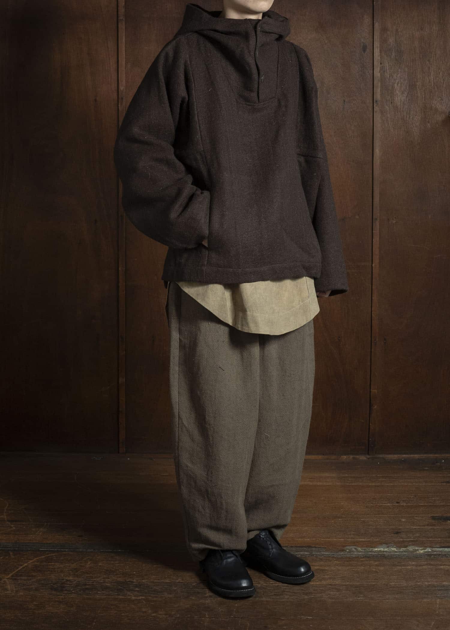 Gathering Textiles Fisherman Hoodie Handwoven , Handfelted Yak And Sheep , Wool , Brown FIH01-FW-BR