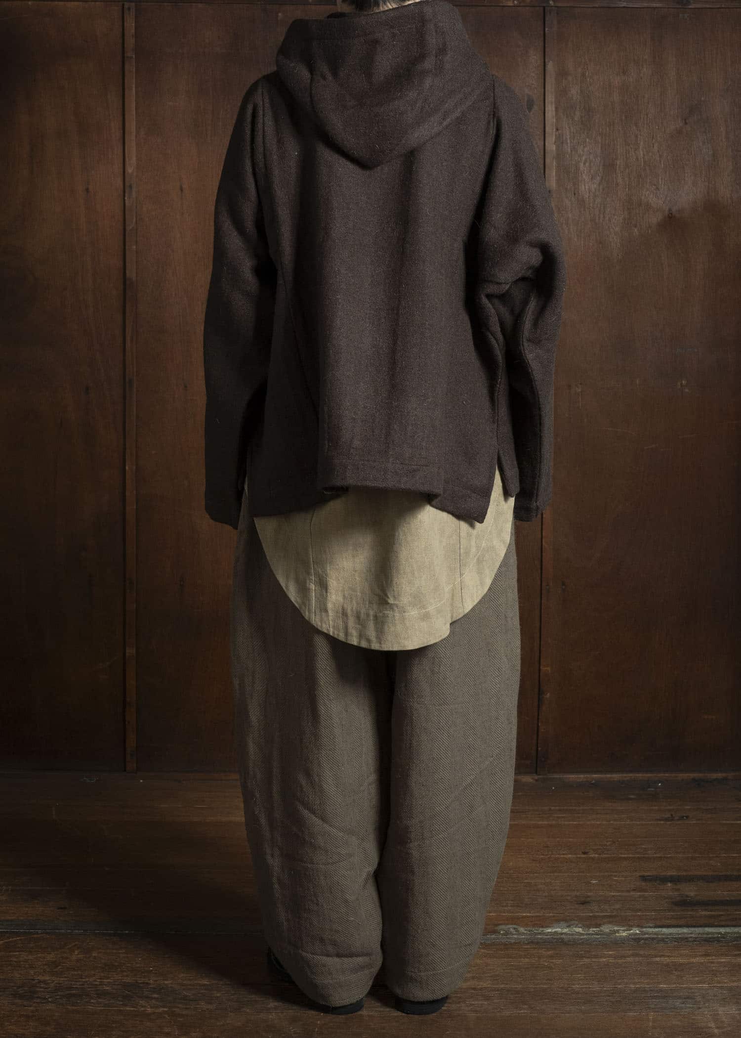Gathering Textiles Fisherman Hoodie Handwoven , Handfelted Yak And Sheep , Wool , Brown FIH01-FW-BR