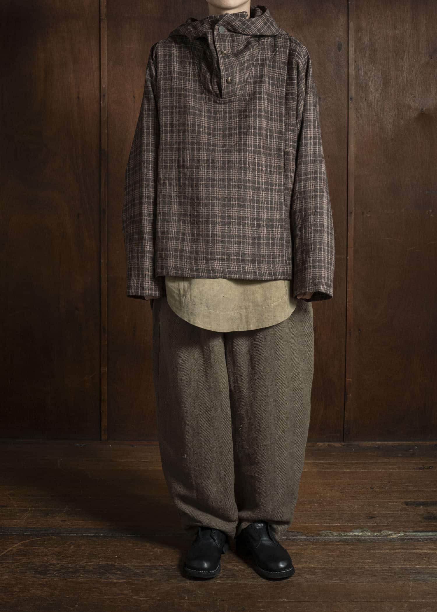 Gathering Textiles Fisherman Hoodie Handwoven , Hand Felted Sheep Wool ,Naturally Yarn Dyed Brown Red Checks FIH01-FW-GC